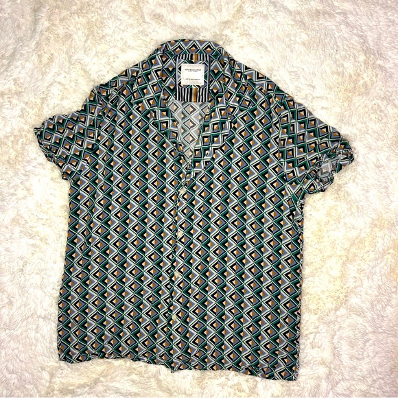 Denim&Flower casual, button-down, short sleeve shirt, XL geometric pattern - Picture 1 of 4